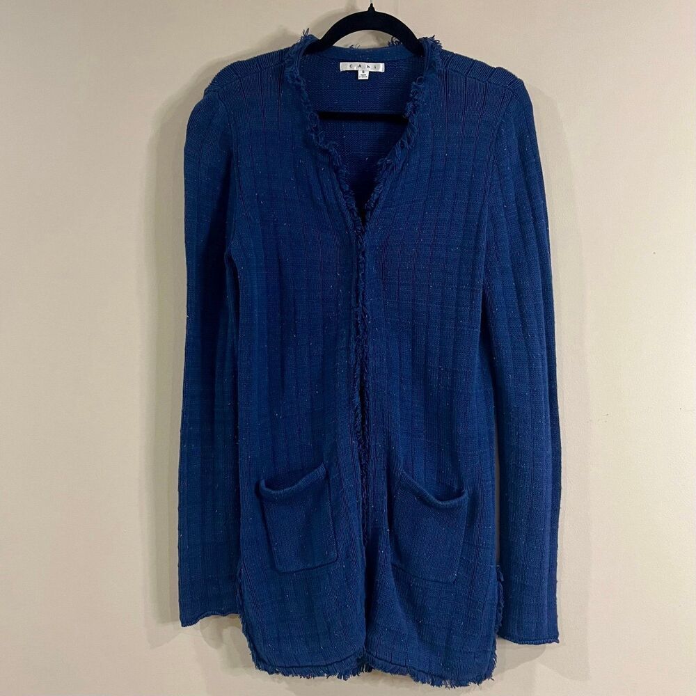 Cabi Blue Ribbed Knit Speckled Fringe Cardigan size Small